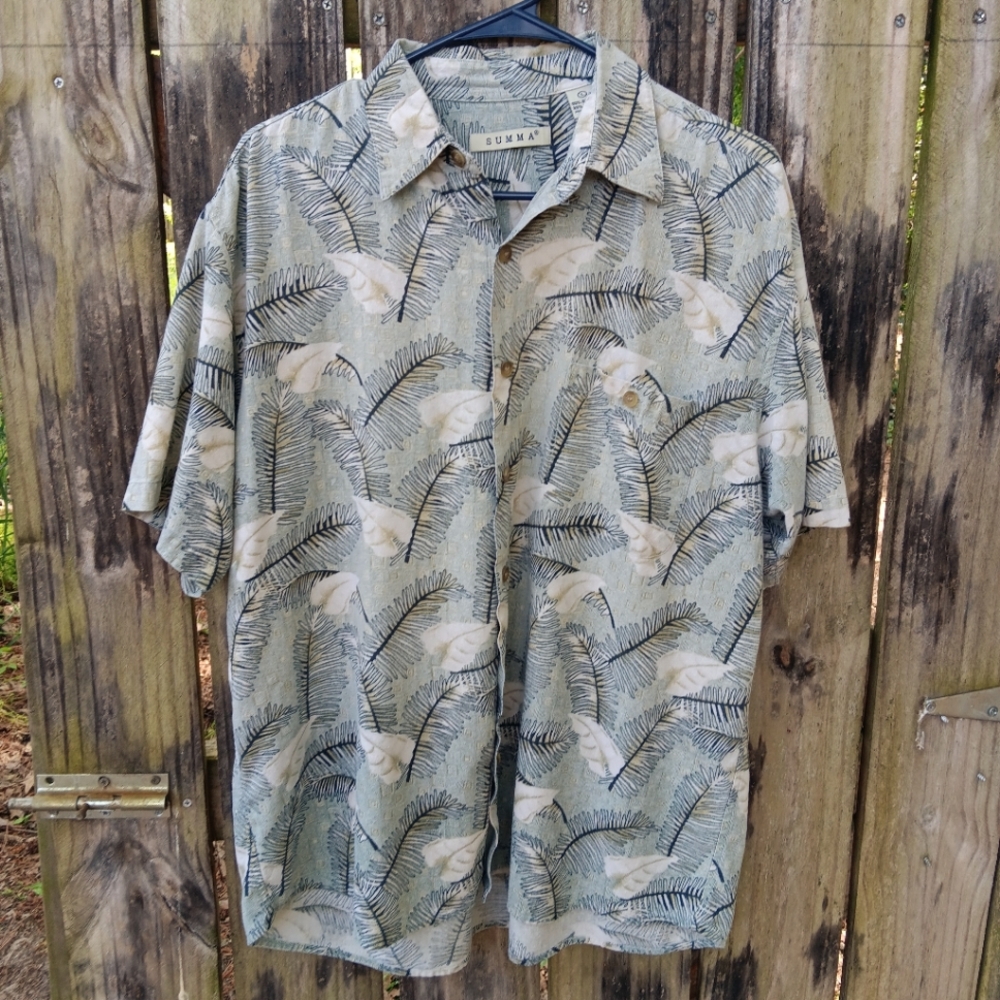 SUMMA Men's Button-Up Short Sleeve Leaf Print Shirt L